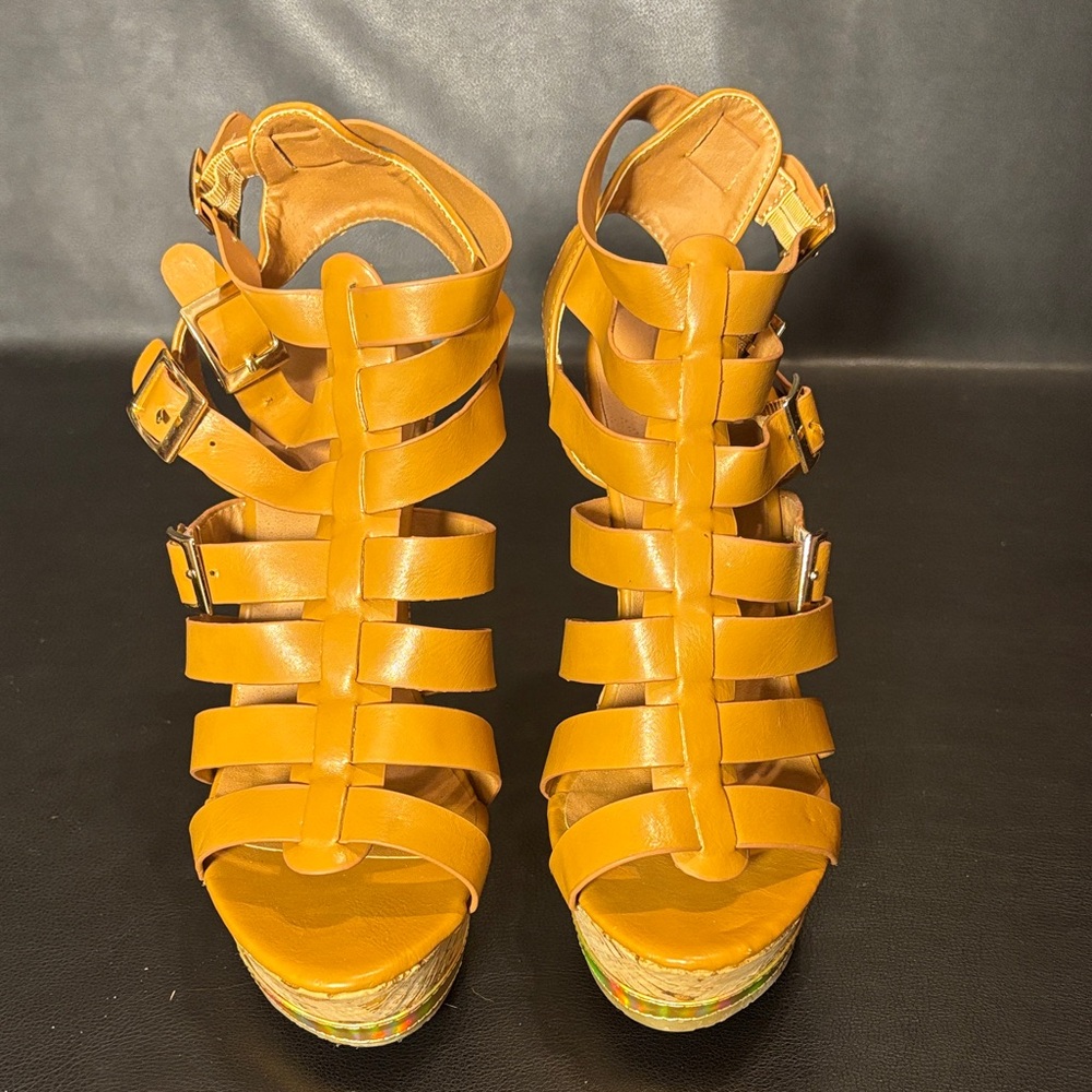 Camel Color Strappy Wedge Sandals